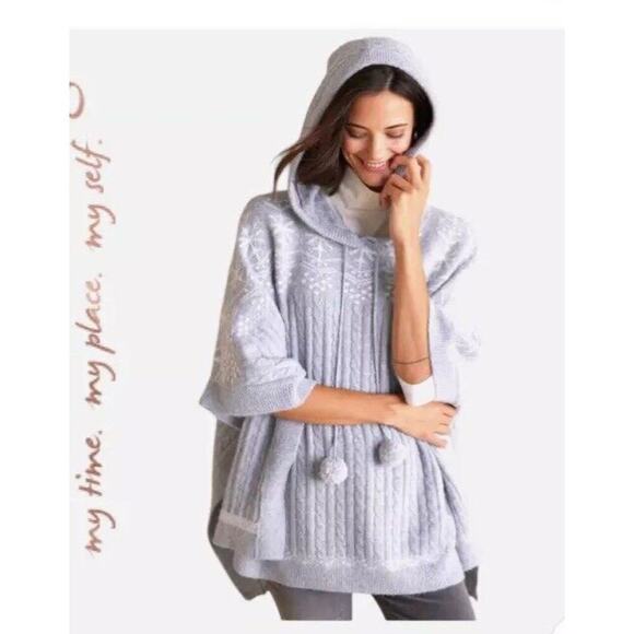 NWT Soft Surroundings Falala Knit Jacquard Poncho Sweater Hooded Gray White - Picture 1 of 12